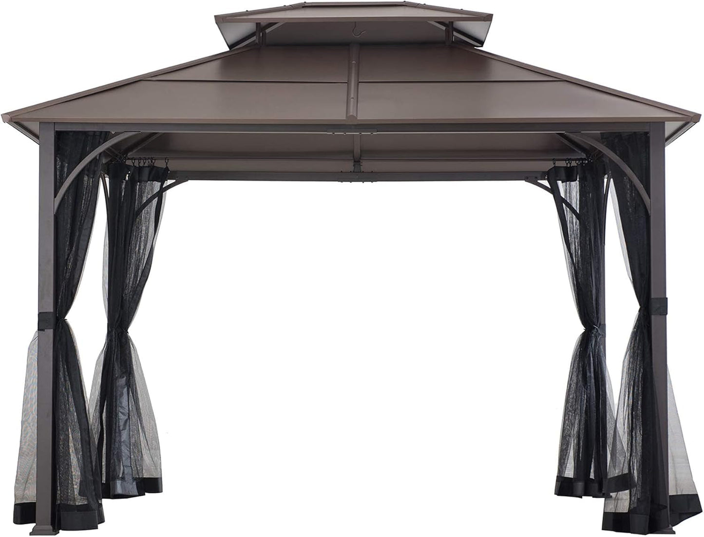 10x12 Brown Hardtop Gazebo With Steel Frame And Netting For Outdoor Patio Garden Canopy Shelter