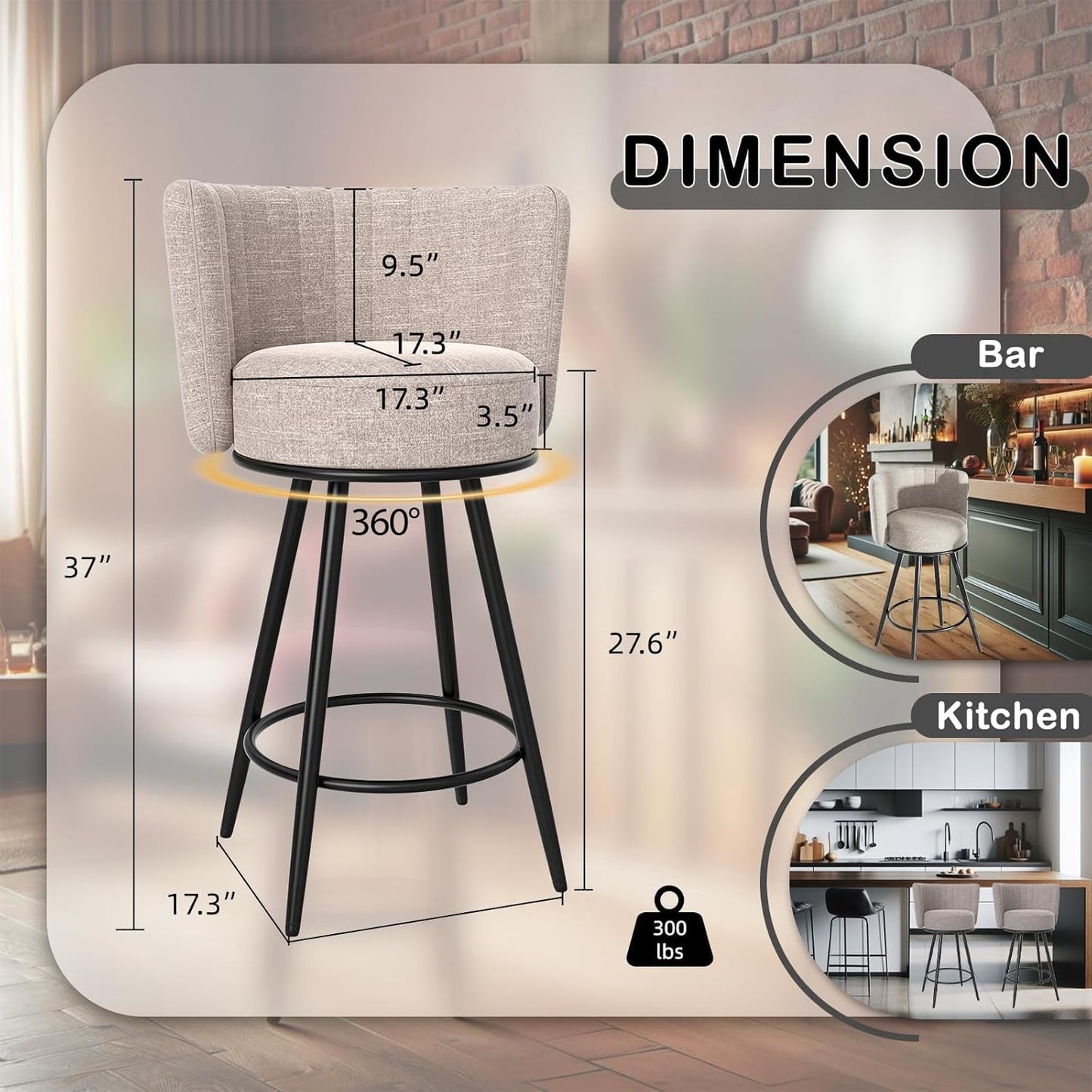 Stylish Swivel Bar Stools Set of Two Beige