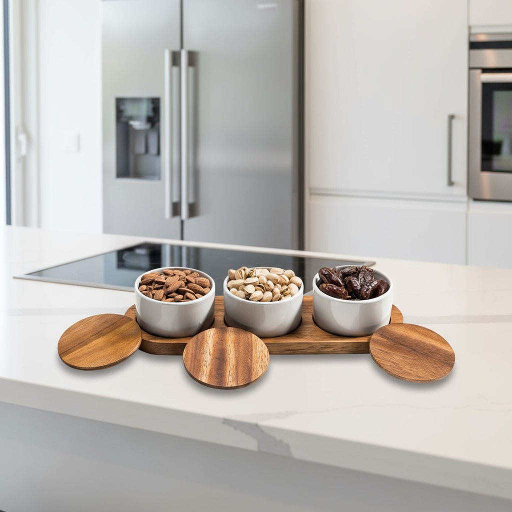 Set of 3 Ceramic Bowls with Acacia Wood Lids and Base – Elegant Kitchenware