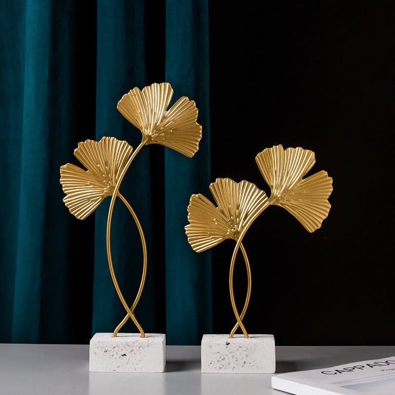 Golden Leaf Metal Sculpture on Wood Base – Ginkgo & Monstera