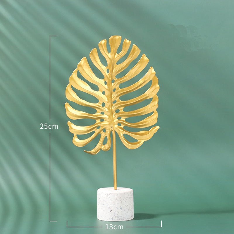 Golden Leaf Metal Sculpture on Wood Base – Ginkgo & Monstera