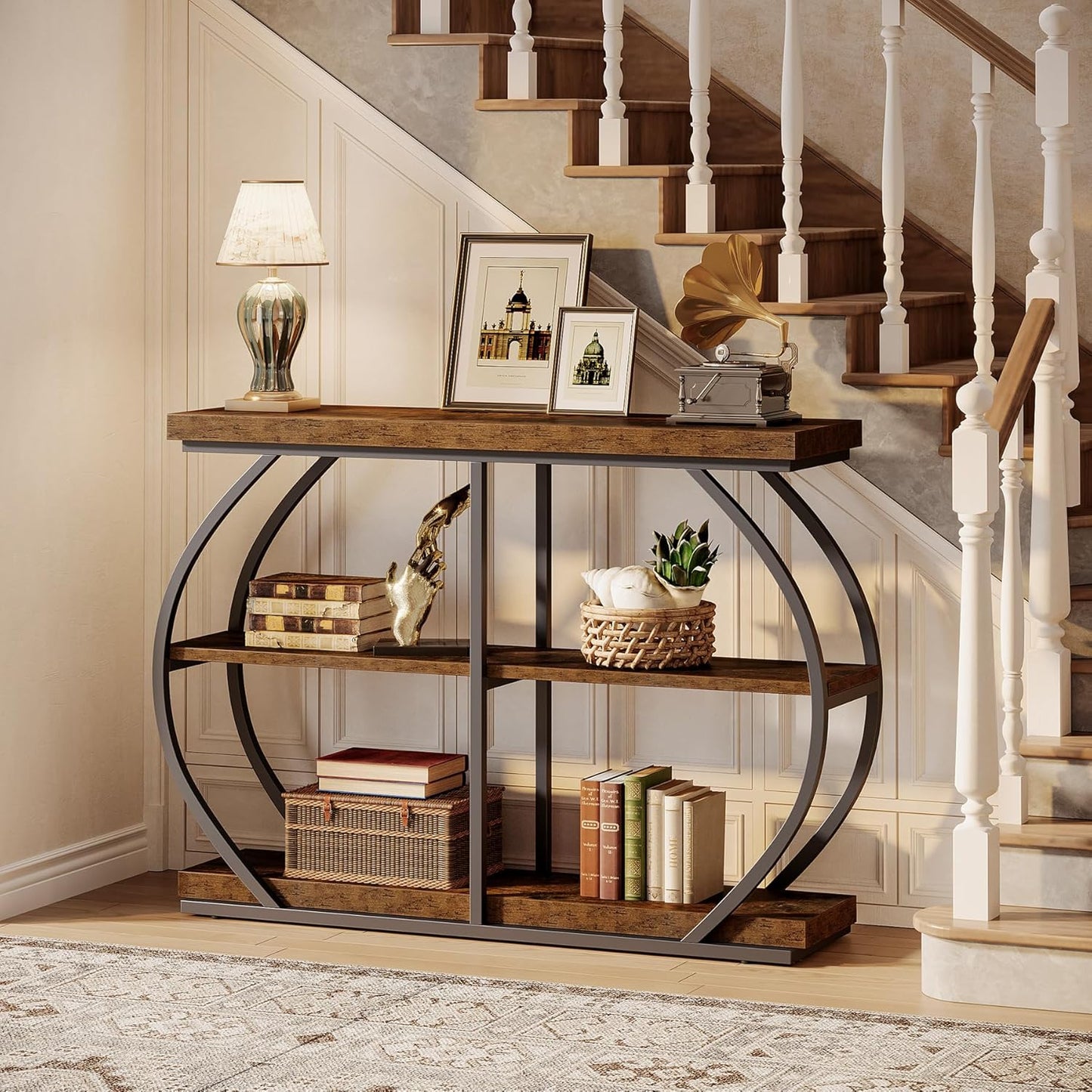 41.3" Industrial Console Table, 3-Tier Entryway Table with Arched Metal Frame