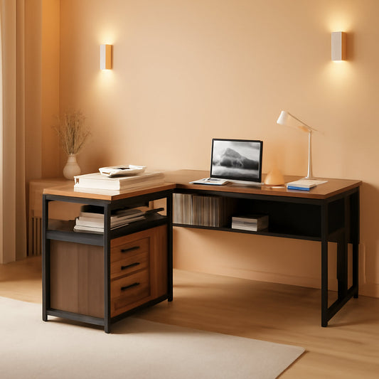 55 Inch L Shaped Desk With File Cabinet Walnut Black