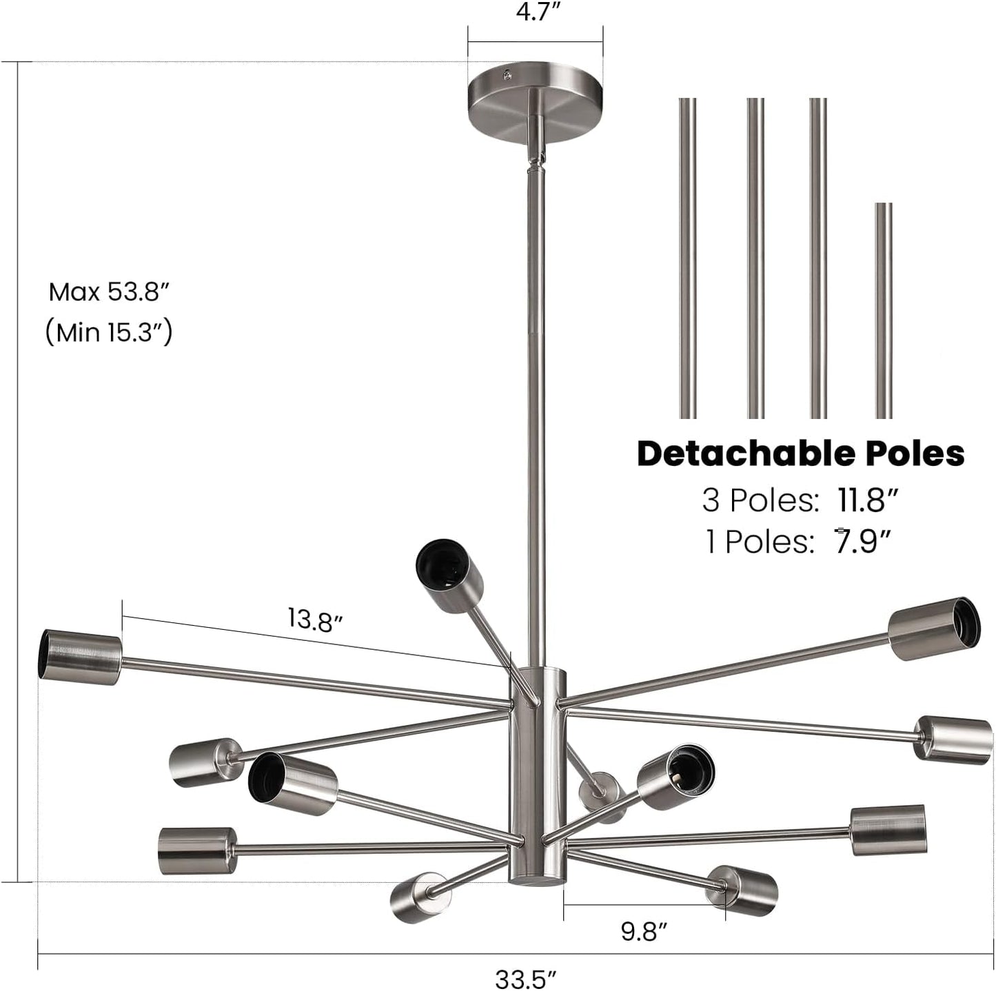 Dimensions and specifications of the Sputnik 12 Light Brushed Nickel Chandelier For Dining Room with detachable poles.