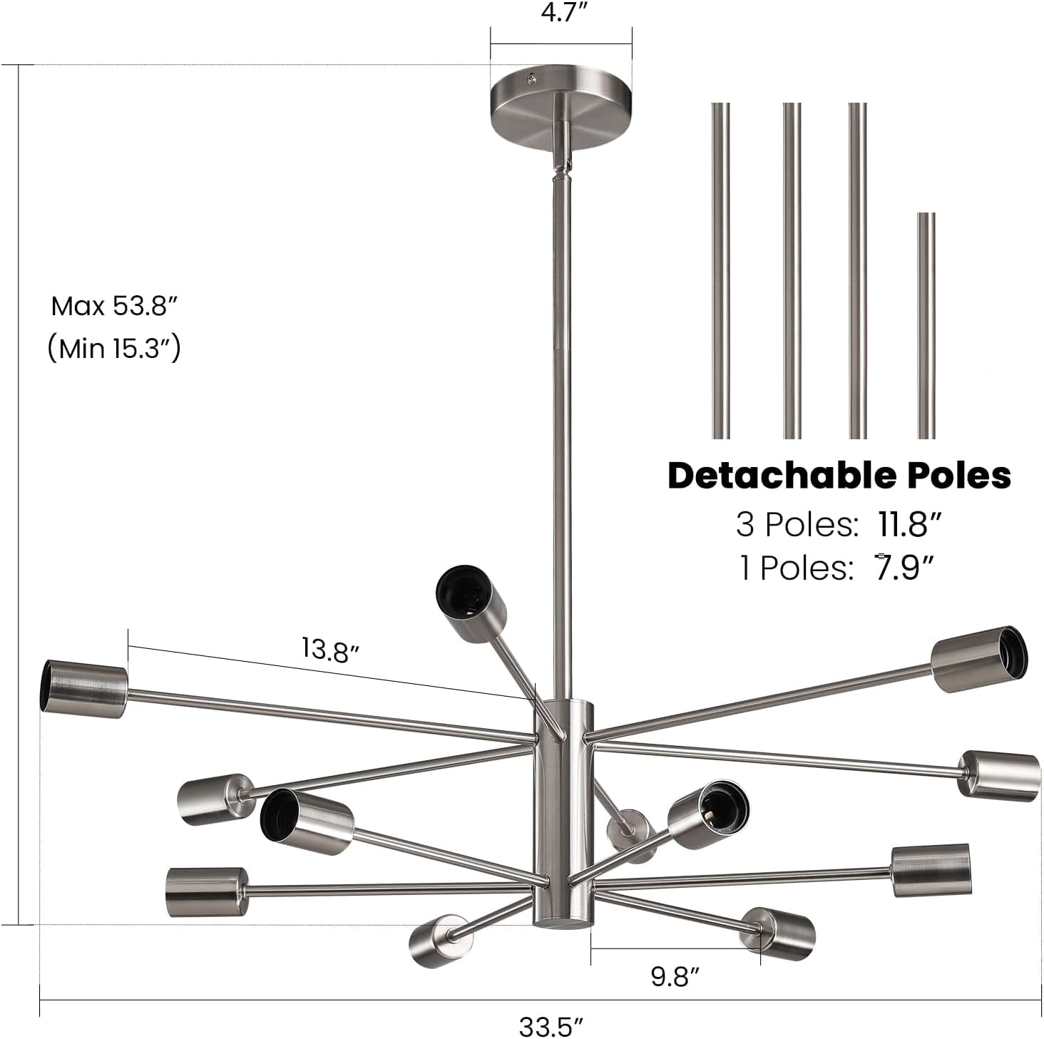 Dimensions and specifications of the Sputnik 12 Light Brushed Nickel Chandelier For Dining Room with detachable poles.
