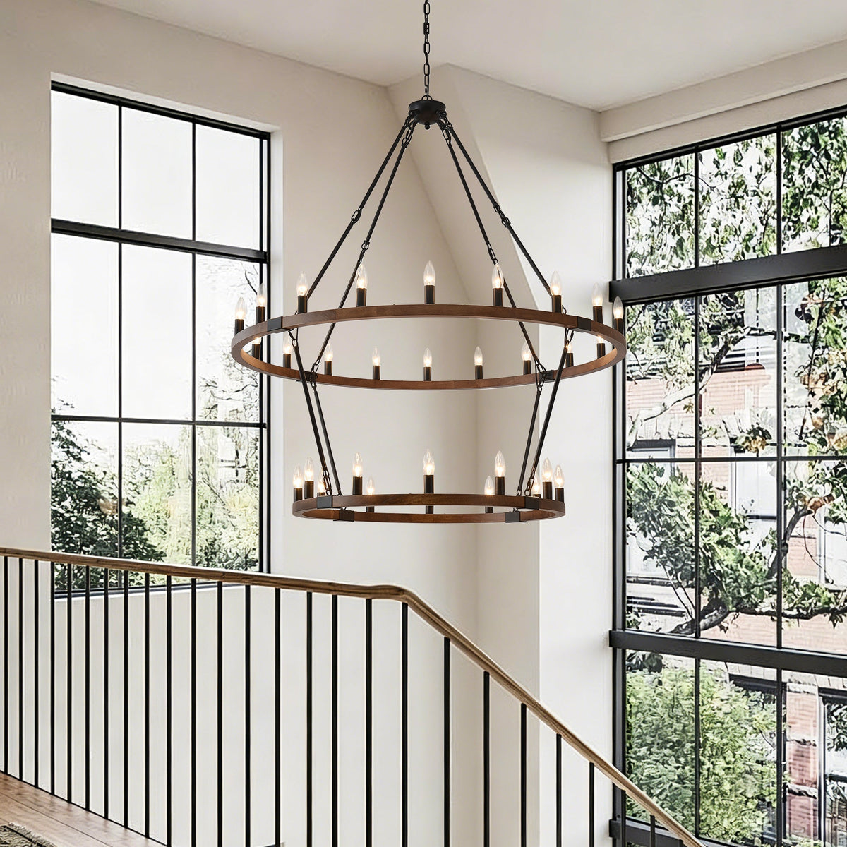 Large Solid Wood Wagon Wheel Chandelier - 32 Lights