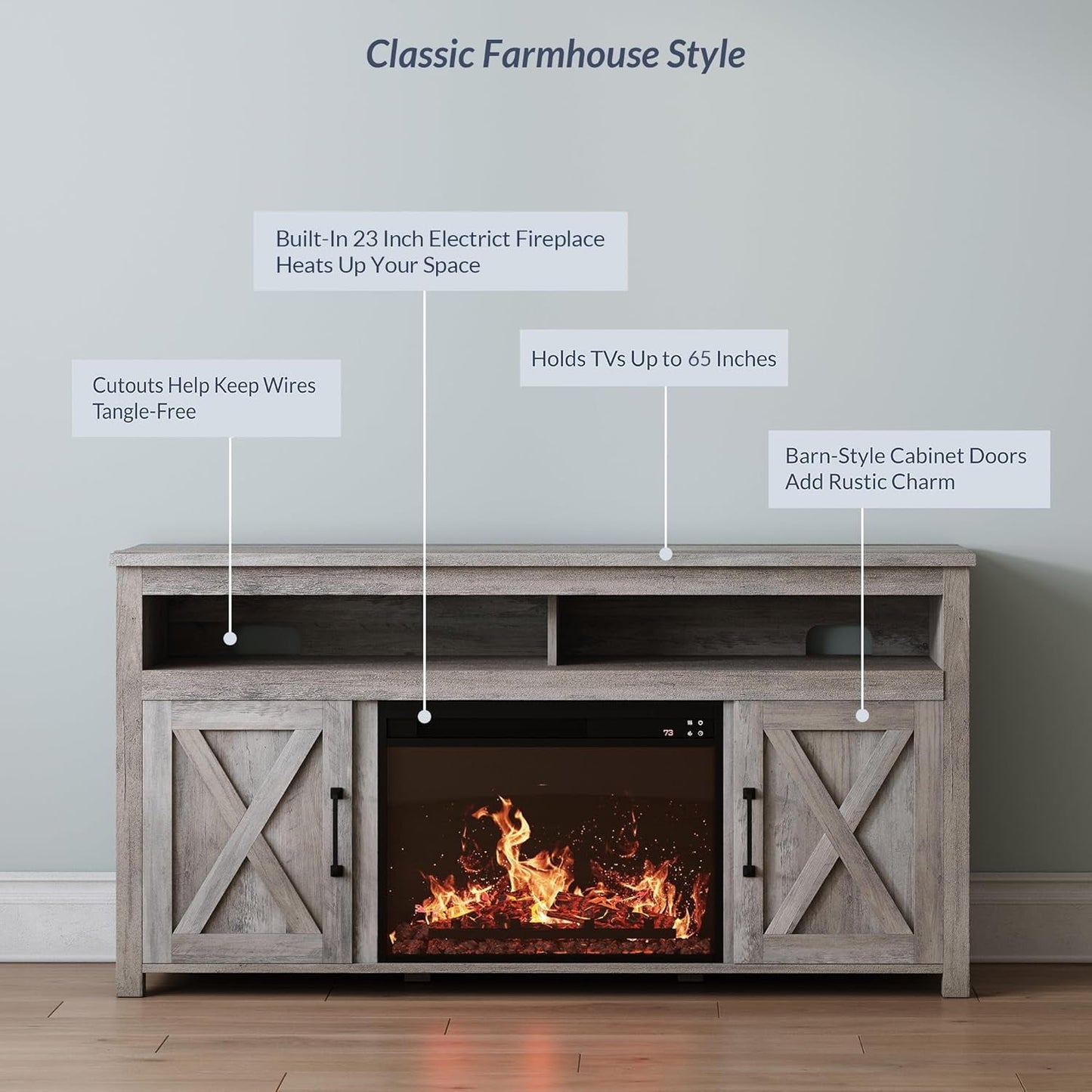 Barn Door Electric Fireplace TV Stand For 65 Inch TVs Gray