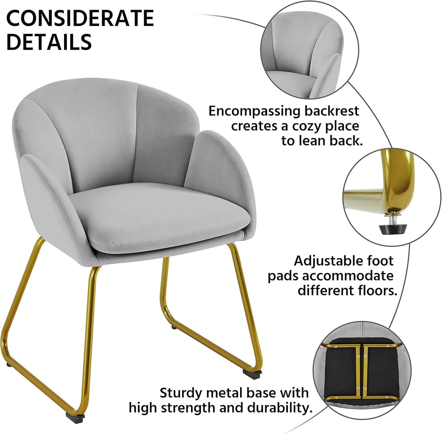 Gray Velvet Flower Shape Vanity Chair With Gold Metal Legs