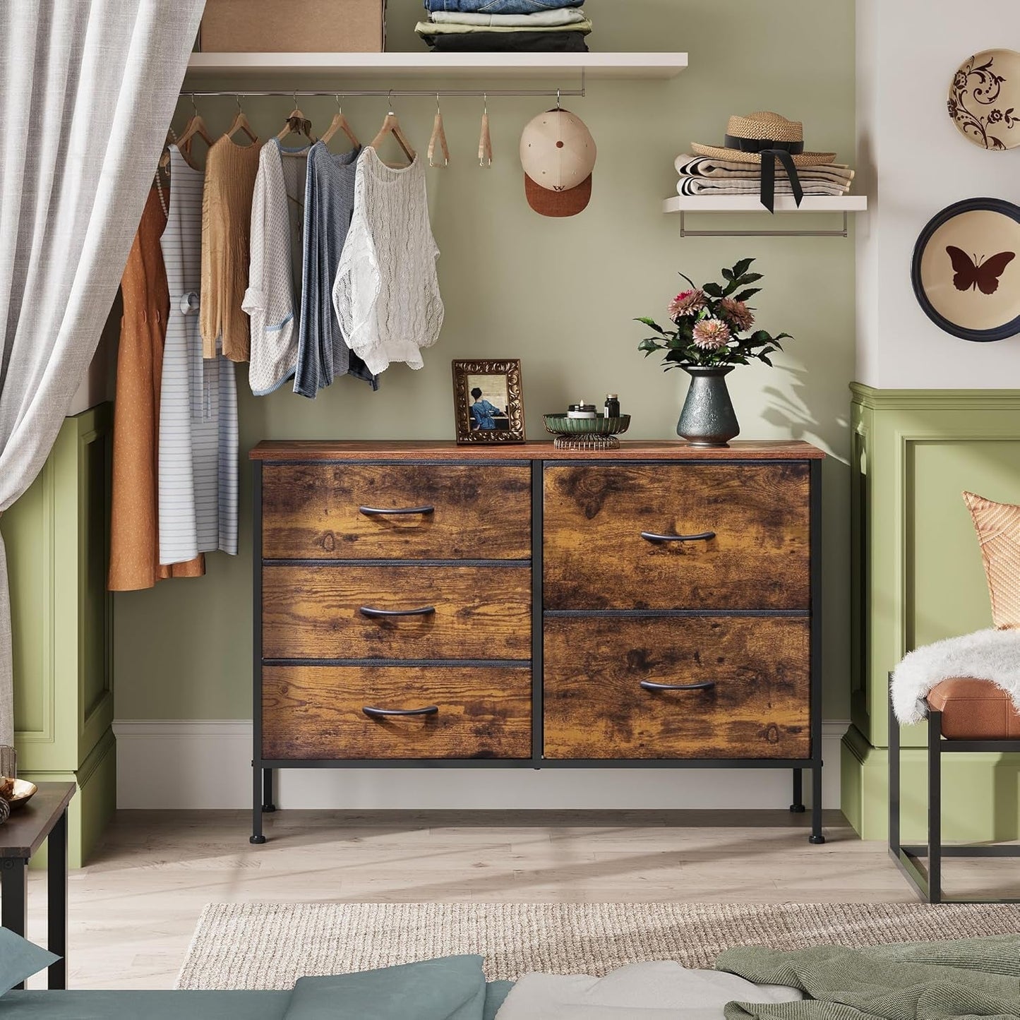 Rustic Brown Wood Grain 5 Drawer Dresser For Bedroom