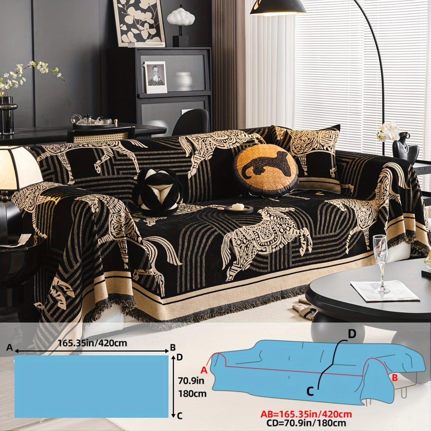 Luxurious Chenille Horse Design Sofa Cover Decor in Orange & Green