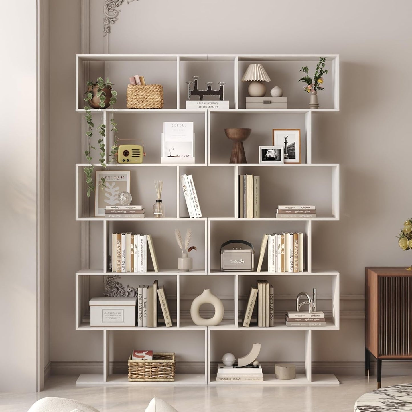 S Shaped Bookshelf White 6 Tier Display Bookcase Office