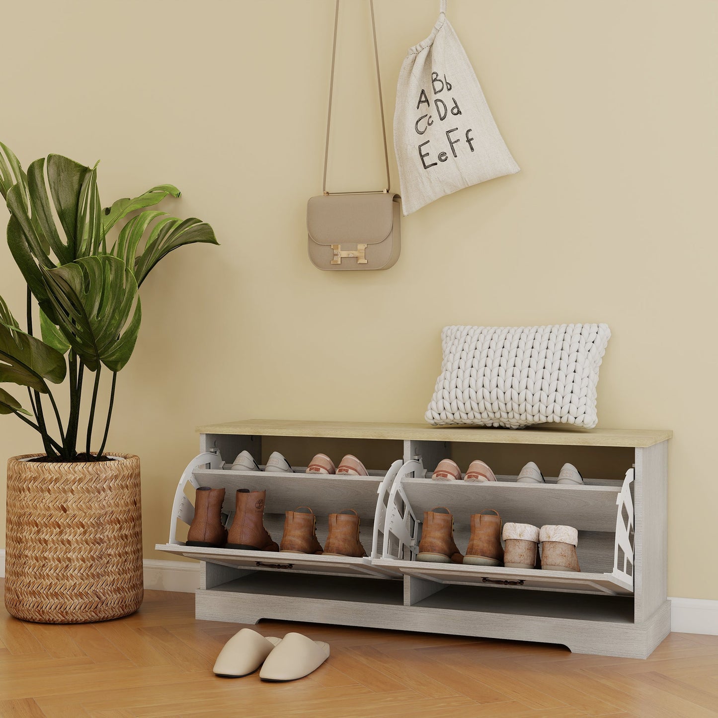 Shoe Storage Bench with 2 Flip Drawers and Adjustable Shelf