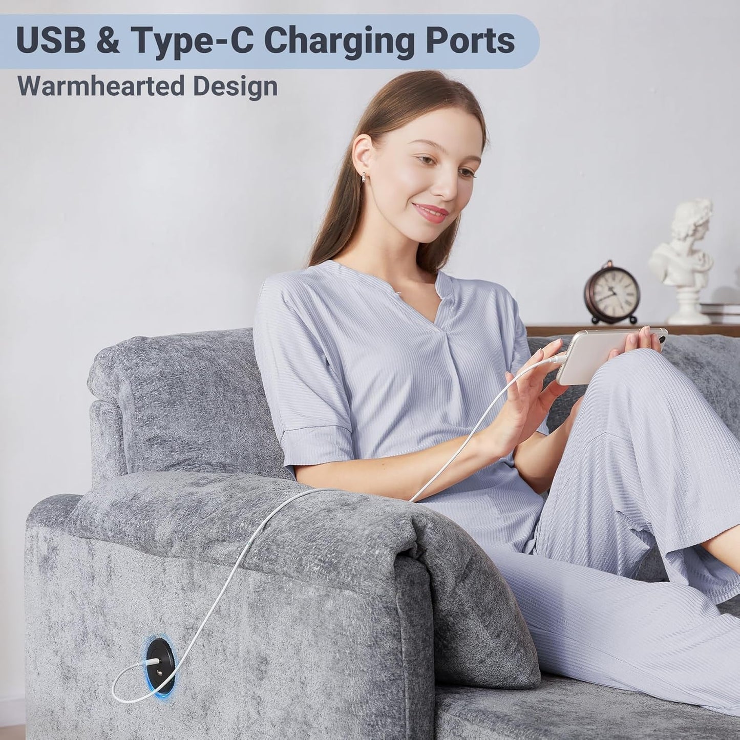 LightGray 83In Convertible PullOut Sofa Bed USBCharging