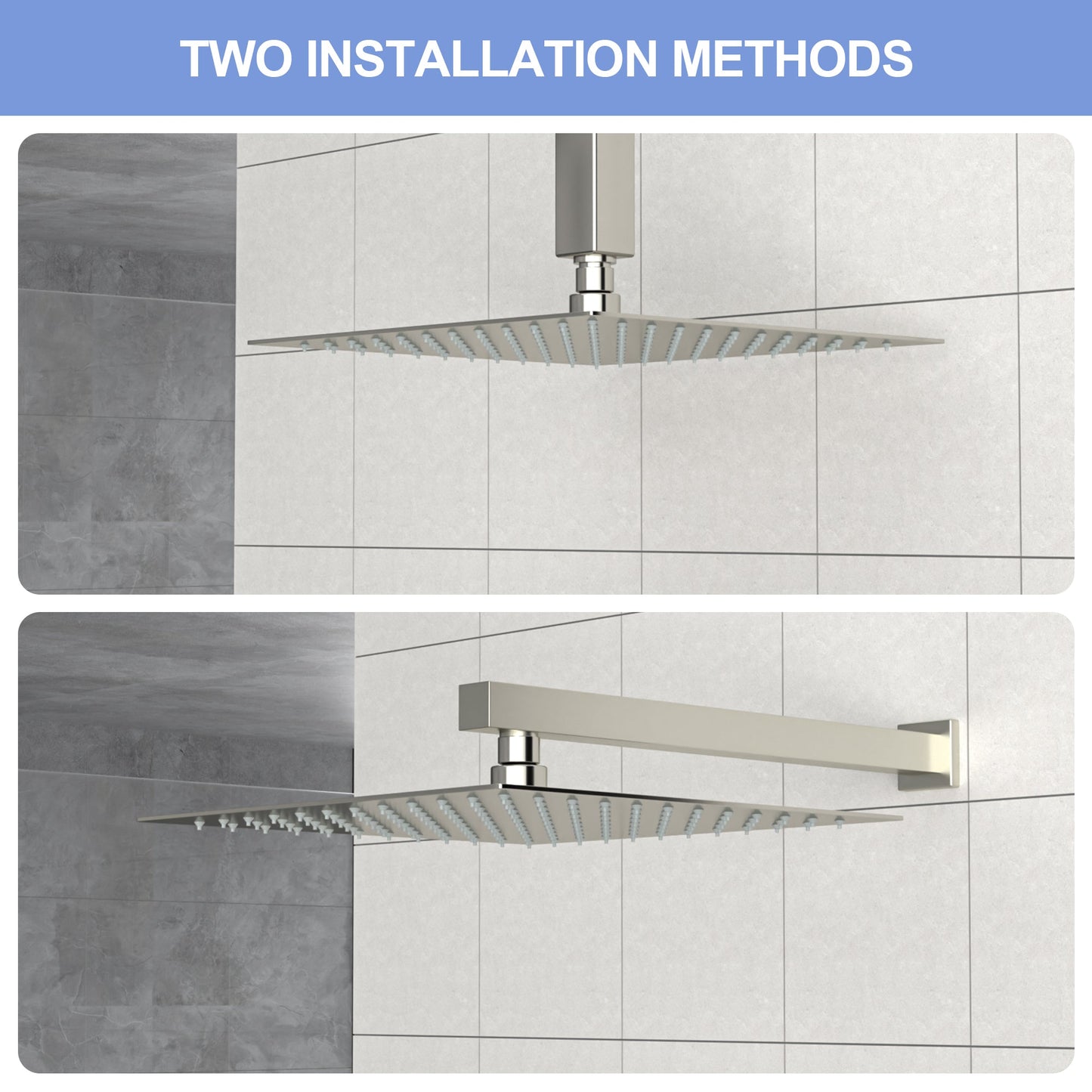 10" Square Rainfall Shower Head, Wall/Ceiling Mounted, Brushed Nickel