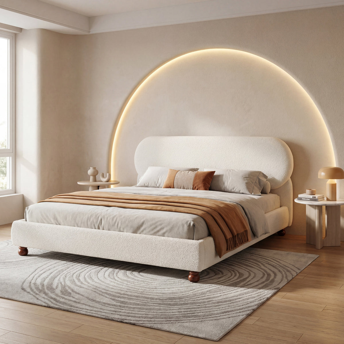 Cream-Colored Boucle Upholstered Bed with Rubber Wood Foot - King