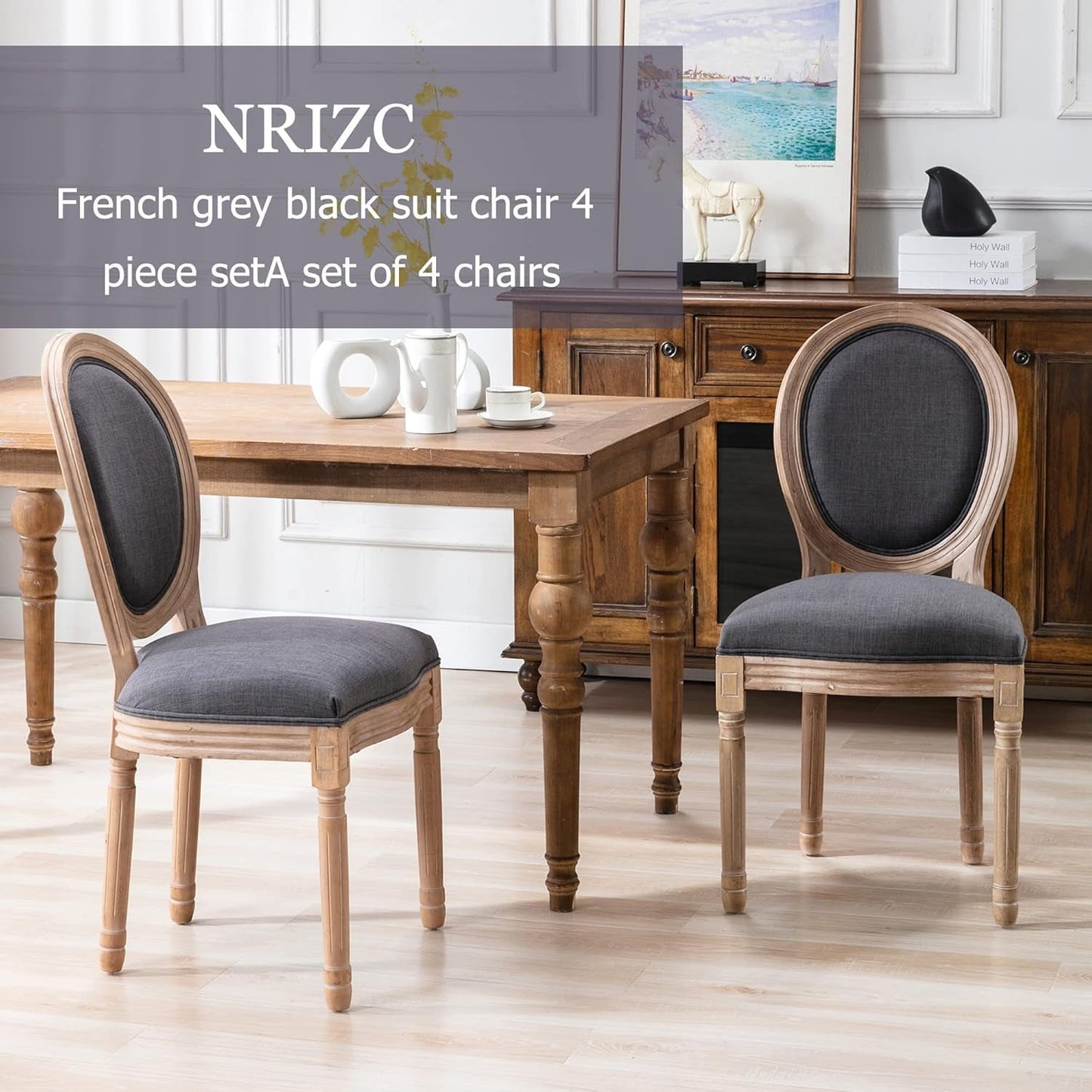 French Country Dining Chairs Set of 4 Oak Wood Round Back