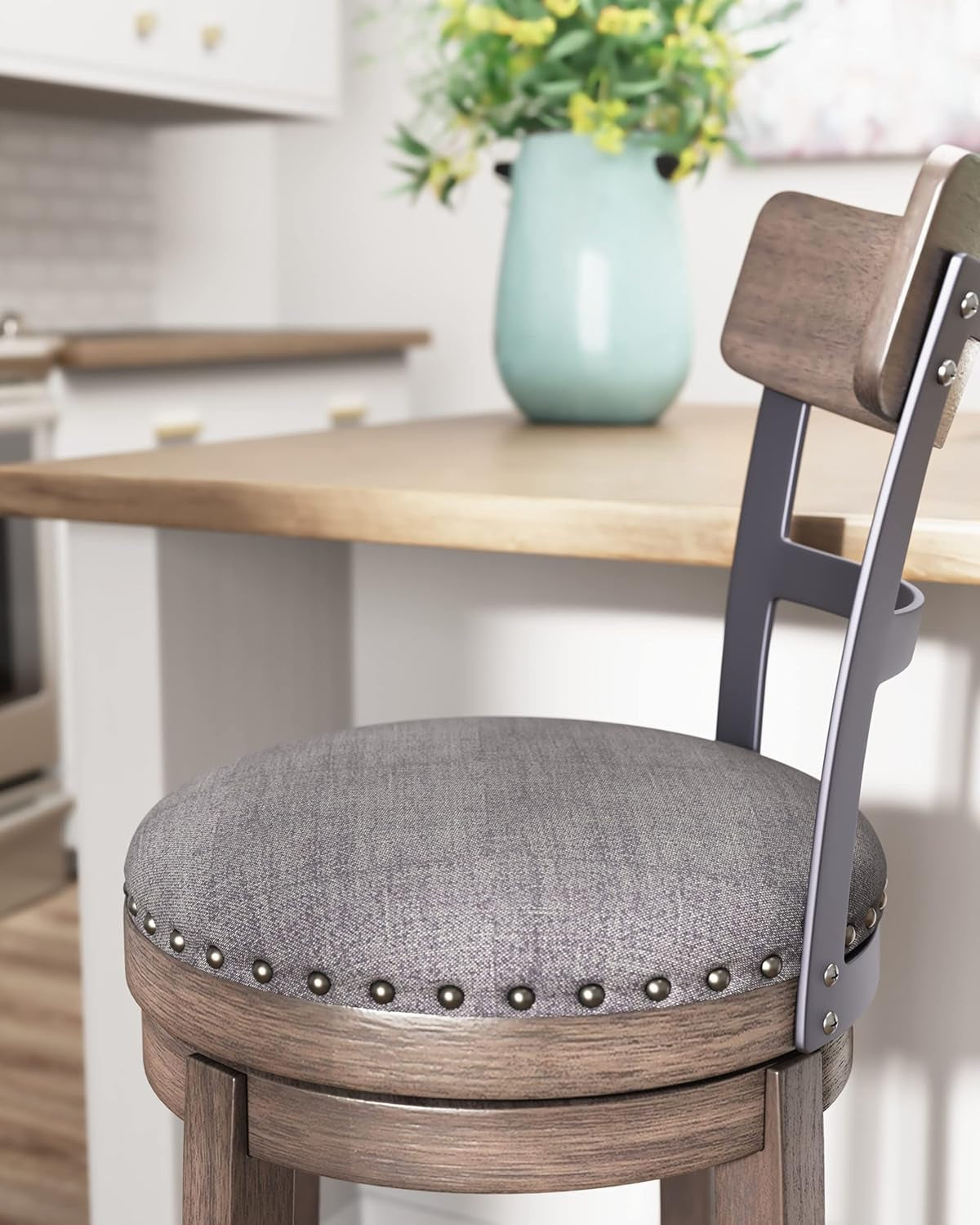 30 Inch Gray Upholstered Swivel Farmhouse Bar Stool