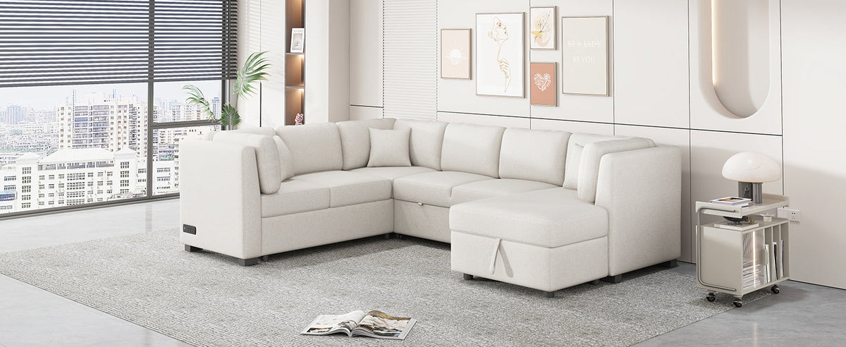 108.6" U-Shaped Sectional Sofa Pull-Out Bed with USB Ports