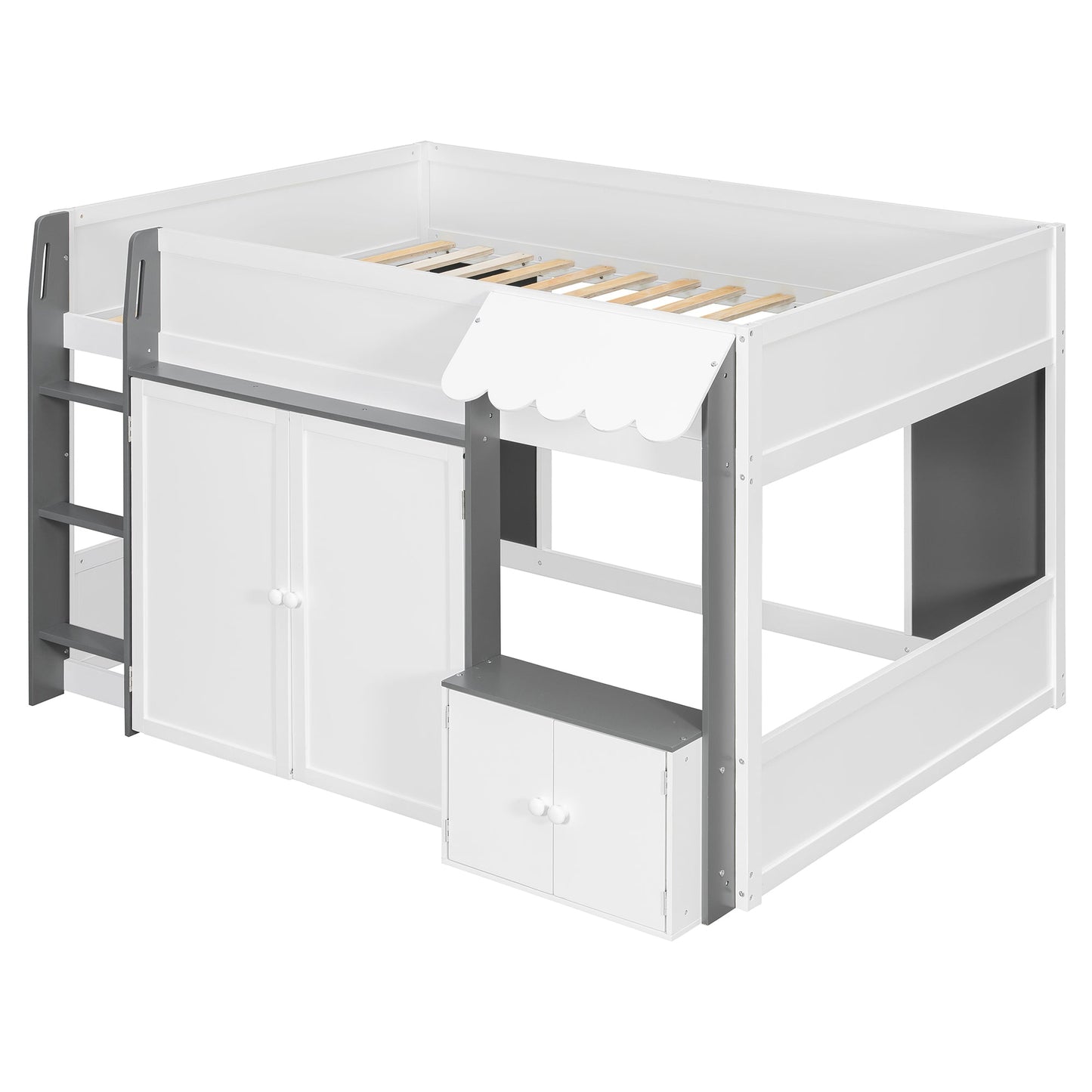 Full Loft House Bed with Playhouse & Storage, Modern Wood Cabin Bed for Kids/Teens, White+Gray