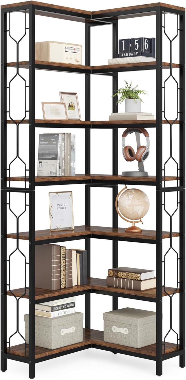 Stylish 7-Tier Industrial Corner Bookshelf