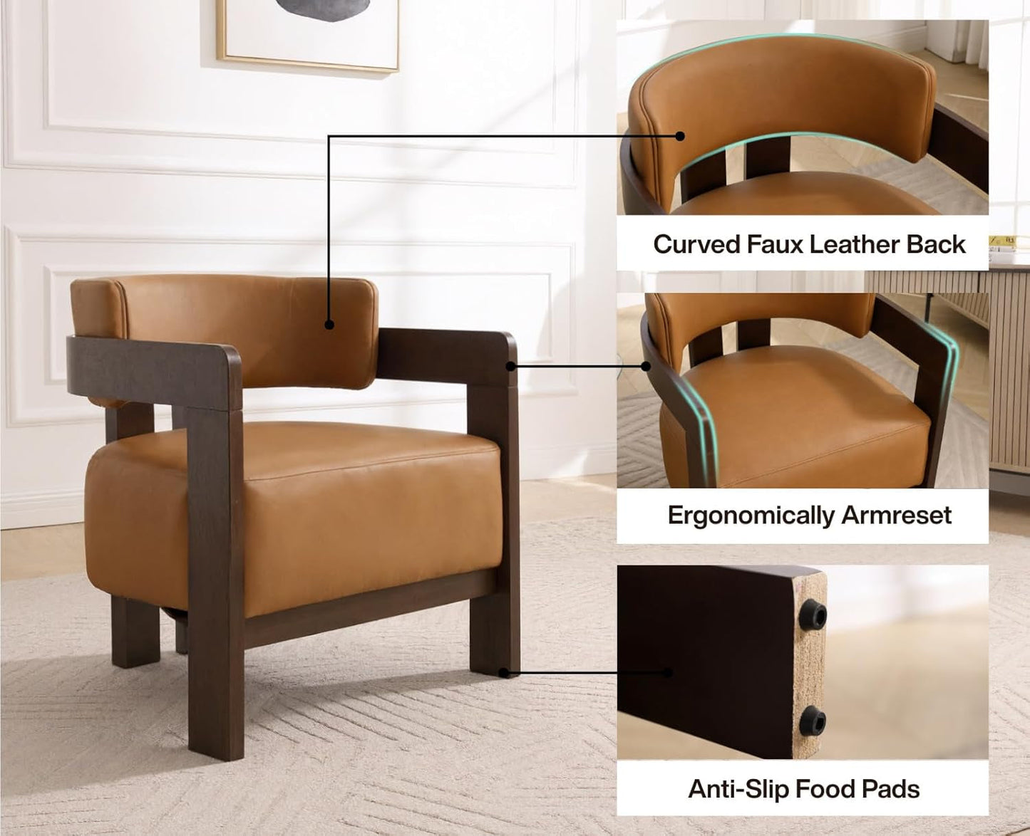 Brown Leather Barrel Chair Midcentury Upholstered Wooden Legs