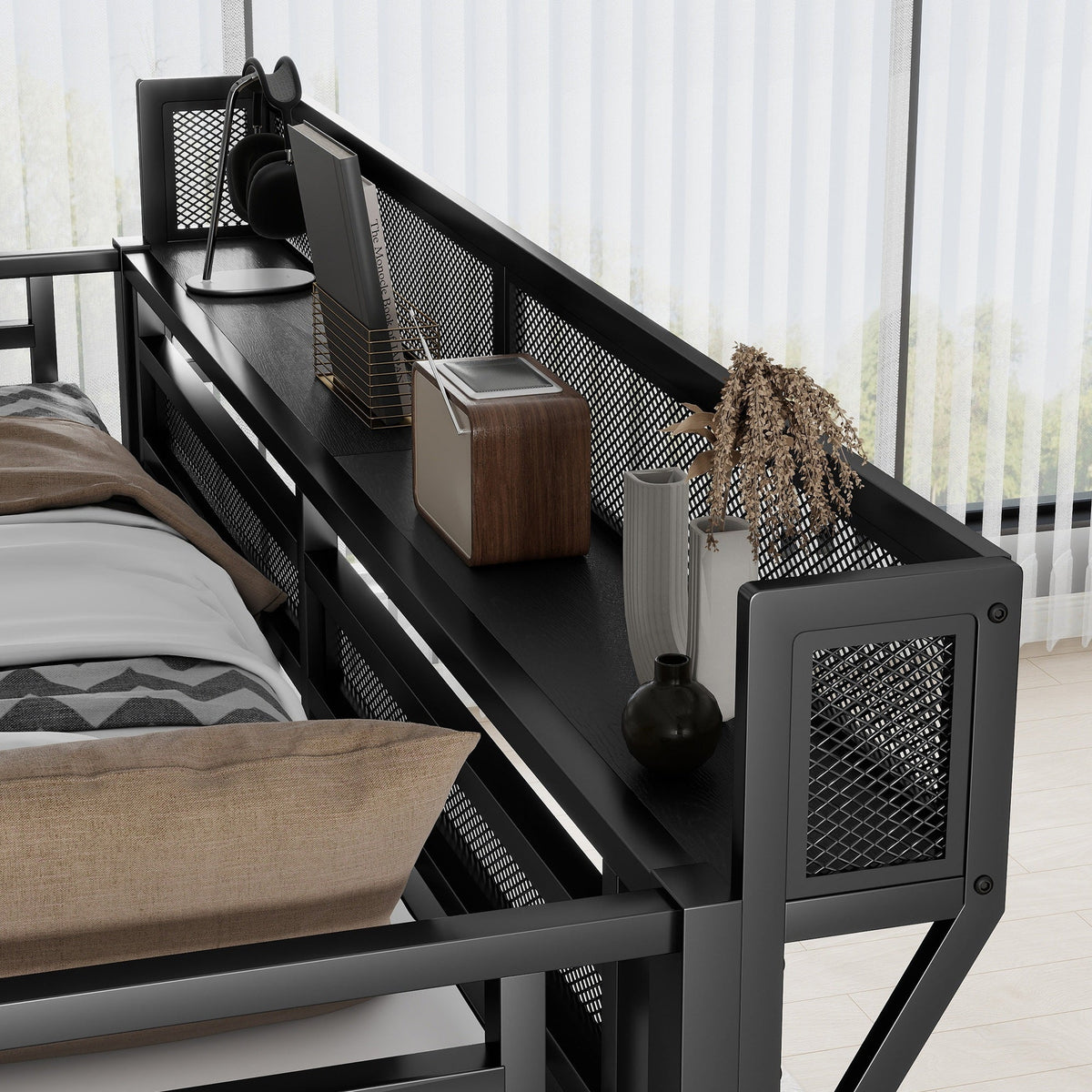 Queen Size Loft Bed with Stairs, Metal Loft Bed with Storage Shelves