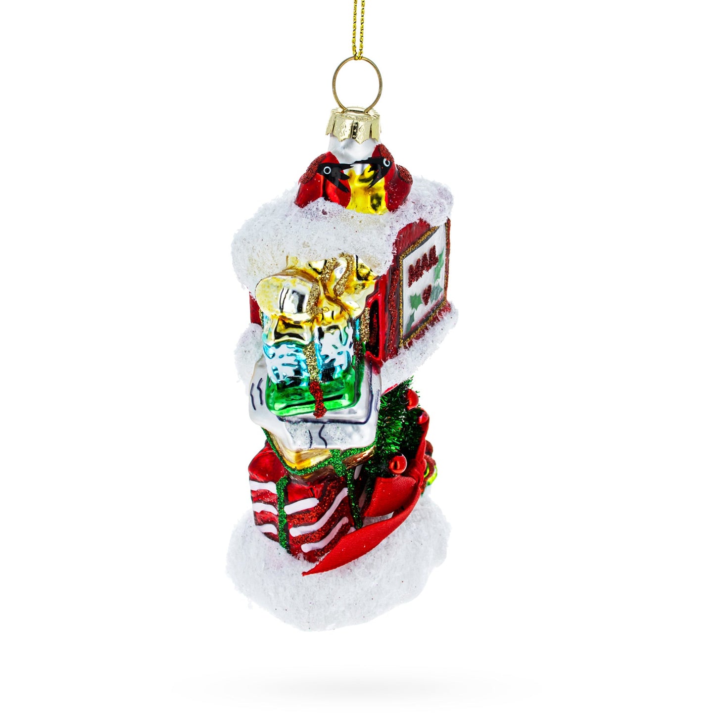 Snowy Red Mailbox Full of Gifts Glass Christmas Ornament