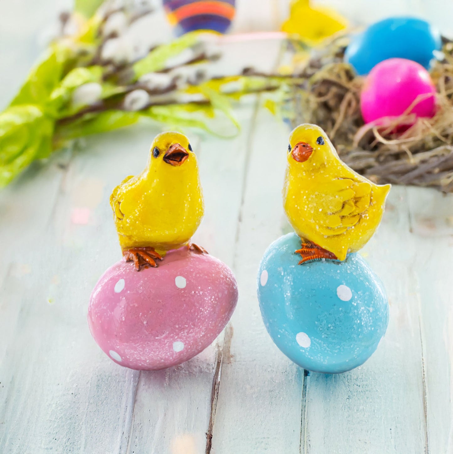 Set of 2 Chicks on Easter Egg Figurines 3.8 Inches