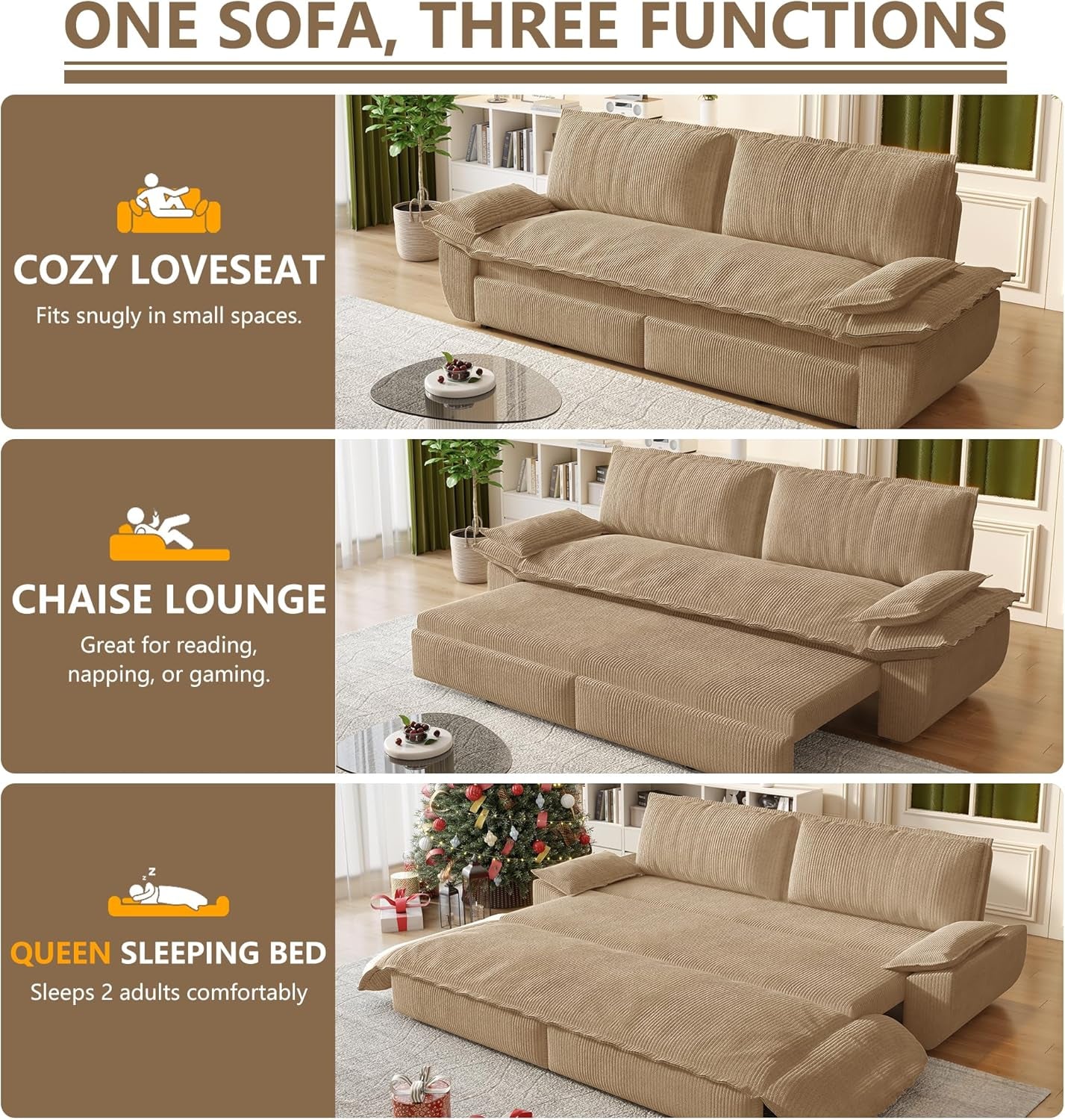 Queen Size Premium Convertible Sofabed Camel Corduroy