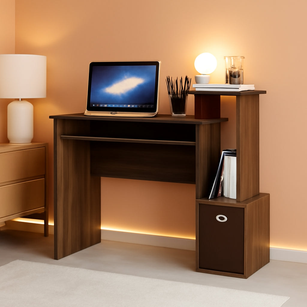 Walnut Compact Desk With Keyboard Tray And Shelves