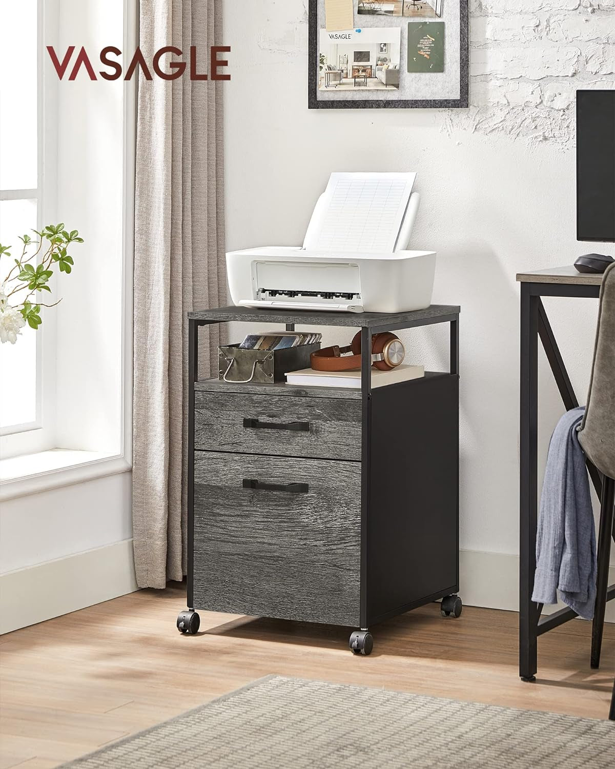 Mobile File Cabinet With Wheels 2 Drawers Open Shelf Charcoal Gray And Ink Black