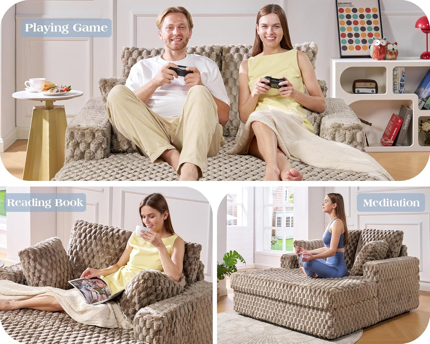 Brown Plush Sleeper Chair 53Inch Chaise Lounge With Pillows