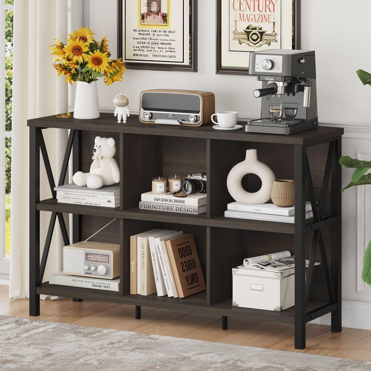 6 Cube Storage Organizer Bookcase Walnut Brown Living Room