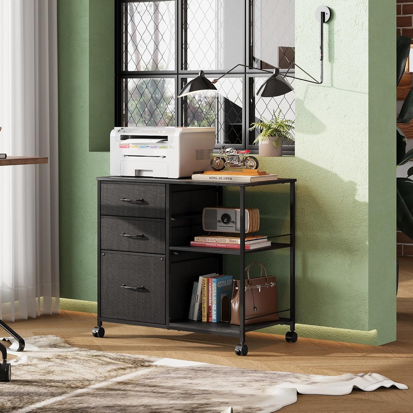 3 Drawer Mobile File Cabinet With Rolling Printer Stand And Open Storage Shelf For A4 Or Letter Size In Black