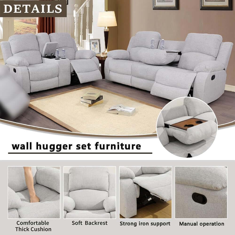 Grey Microfiber Reclining Sofa And Loveseat Set For Living Room with plush cushions and manual operation.