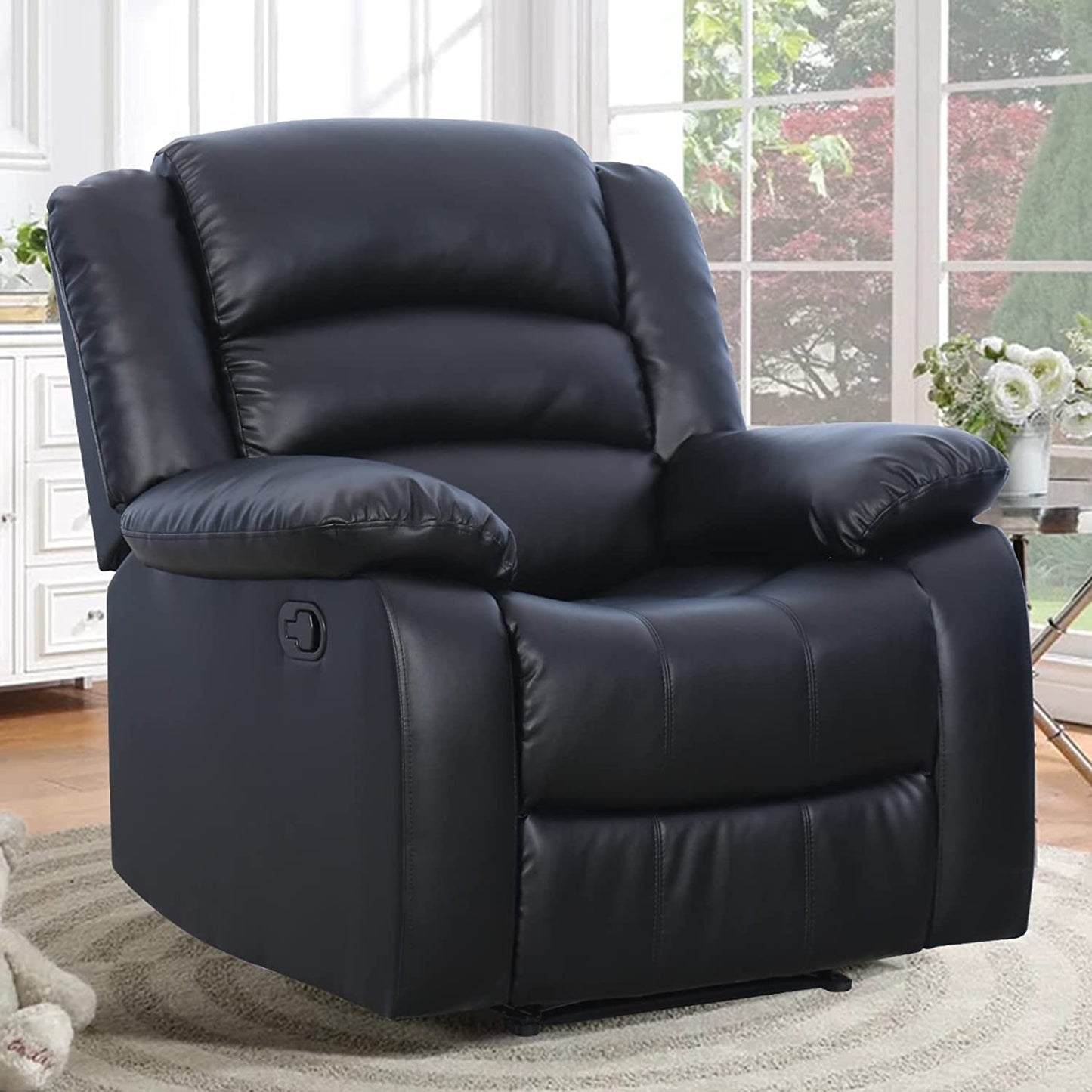 Black Bonded Leather Recliner With Overstuffed Arm And Back