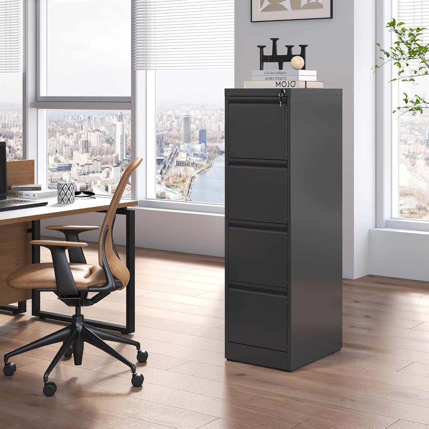 Modern office setup with a desk, chair, and tall black filing cabinet.