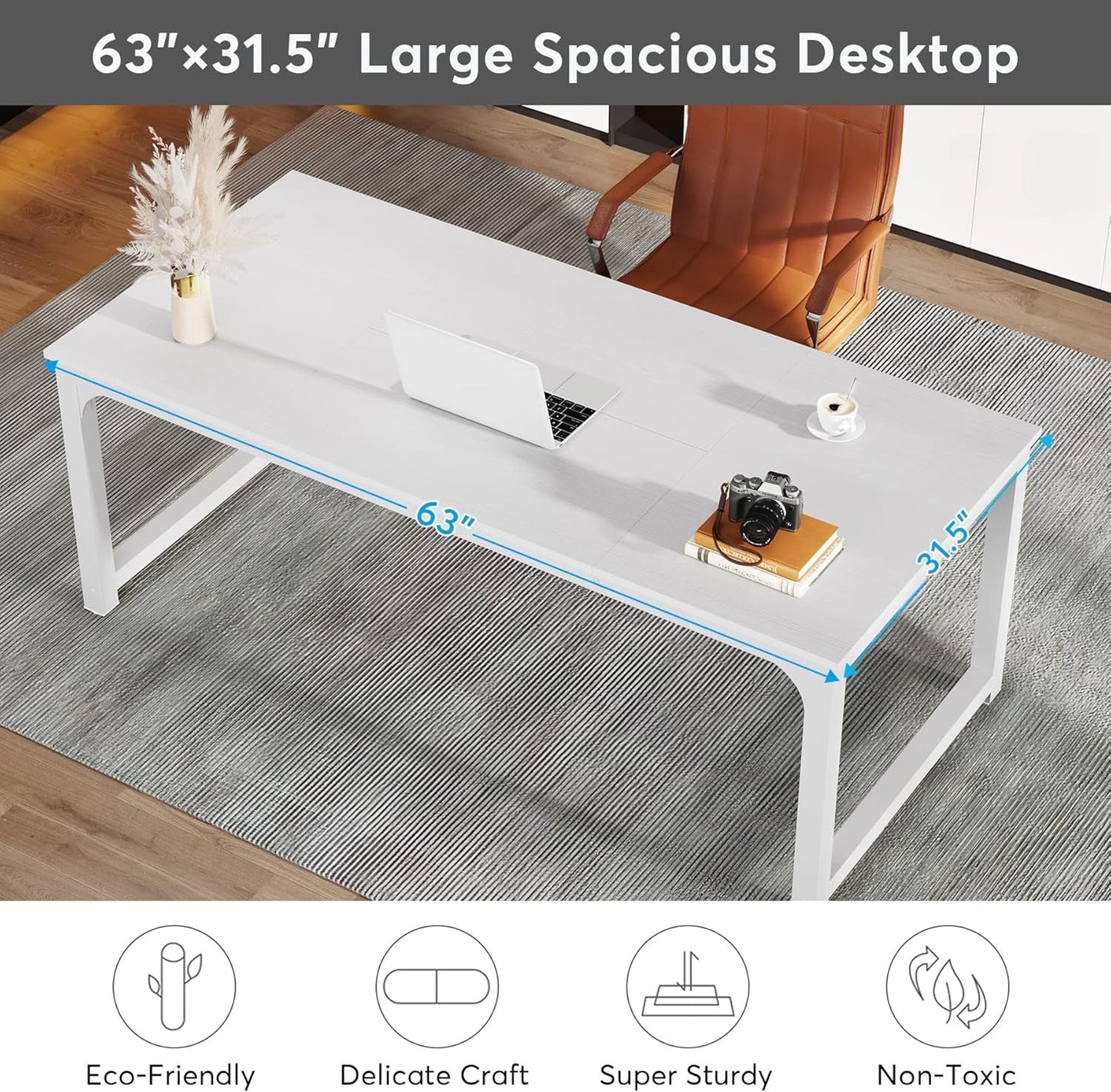 63 Inch White Executive Office Desk 31.5 Inch Wide