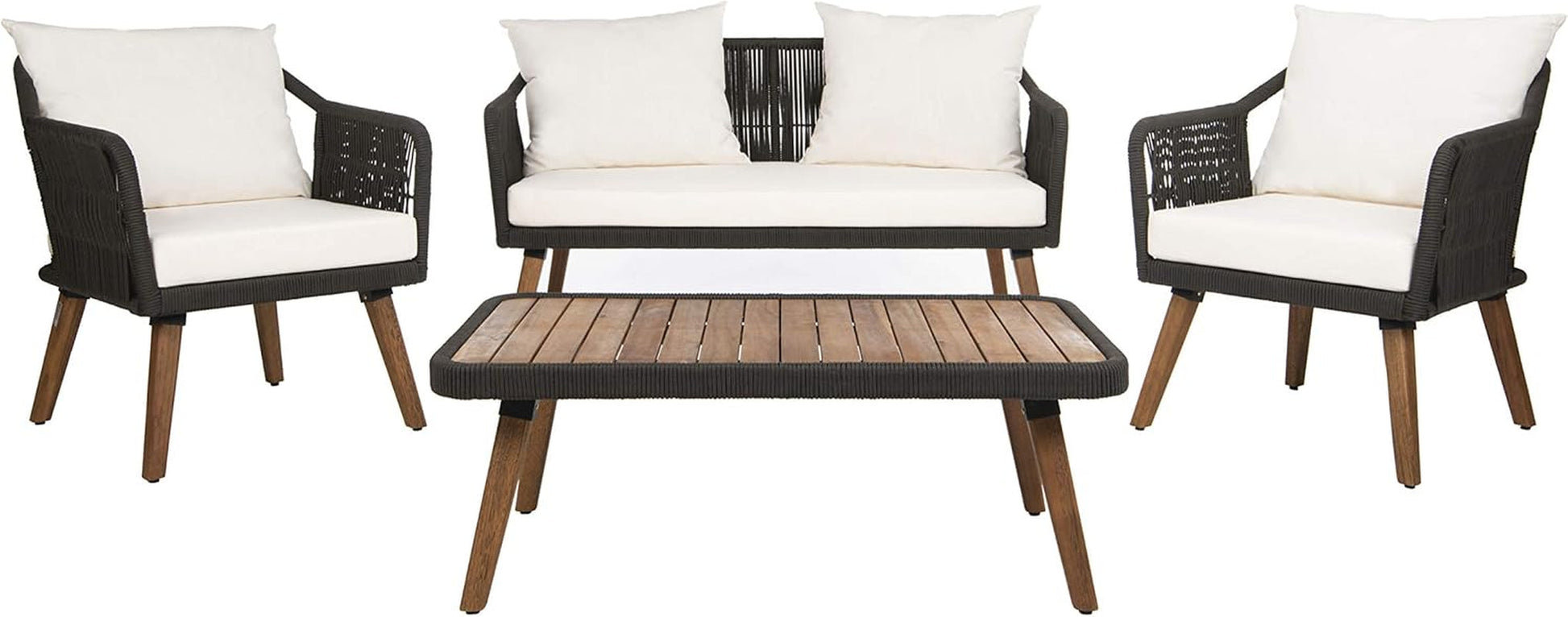 Outdoor Patio 4 Piece Eucalyptus Rope Furniture Set featuring stylish seating and table.