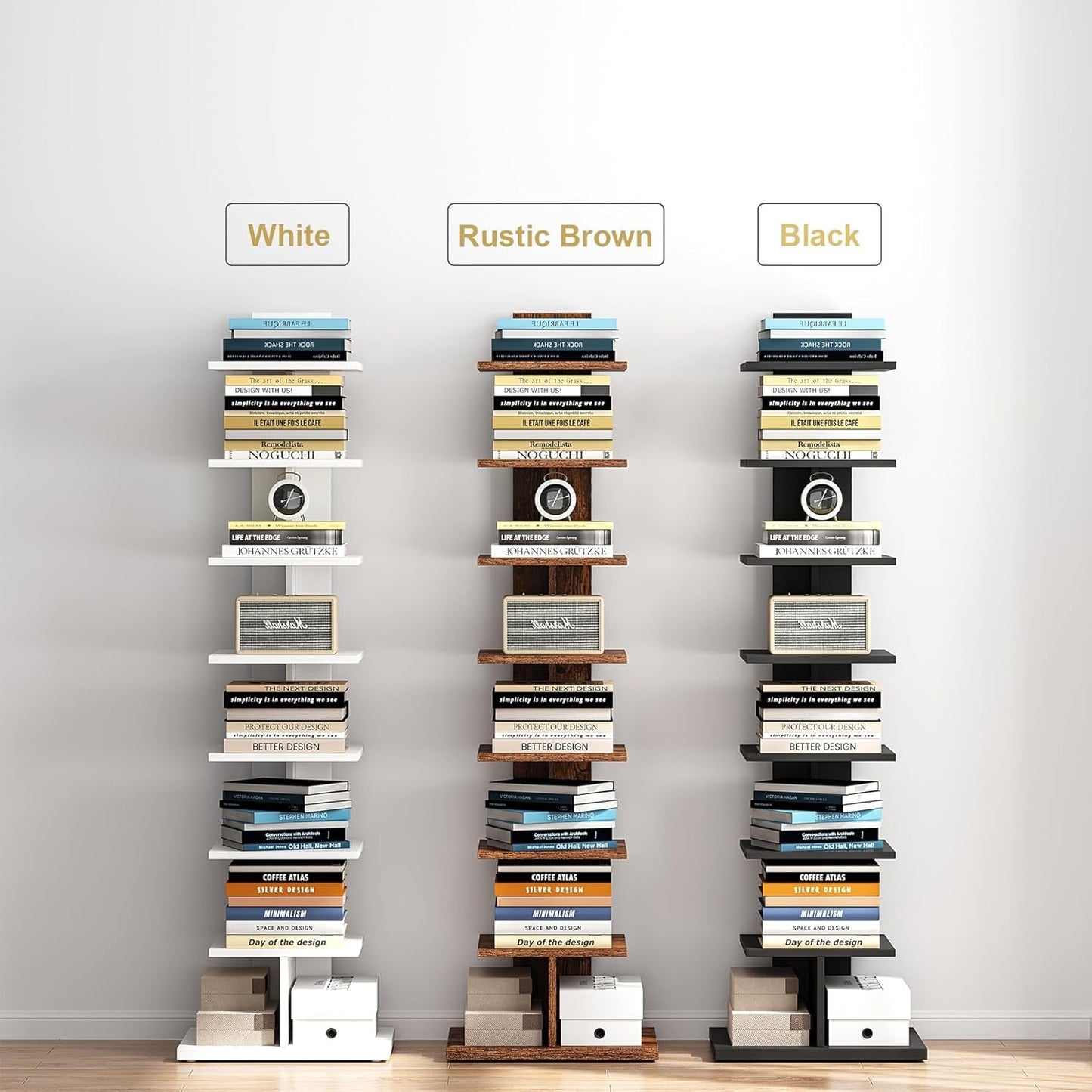 Vertical Bookshelf 8 Tier Rustic Brown Corner Shelf