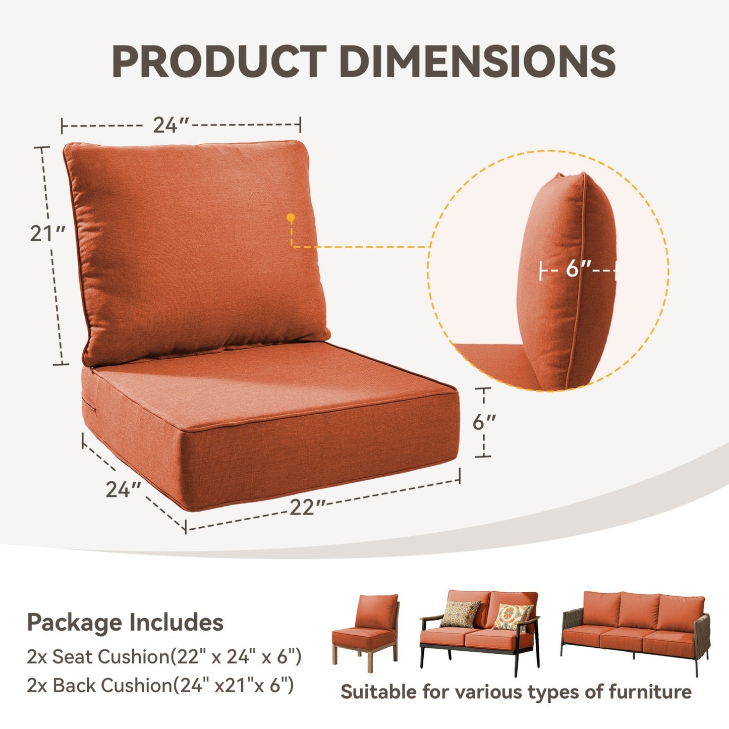 6" Thicker Outdoor Chair Cushion Set - 2 Packs