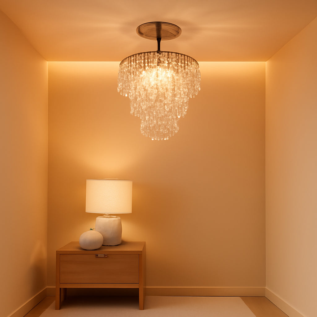 Mini Gold Crystal Chandelier 3 Tier Raindrop Flush Mount illuminating a warm interior with elegant design.