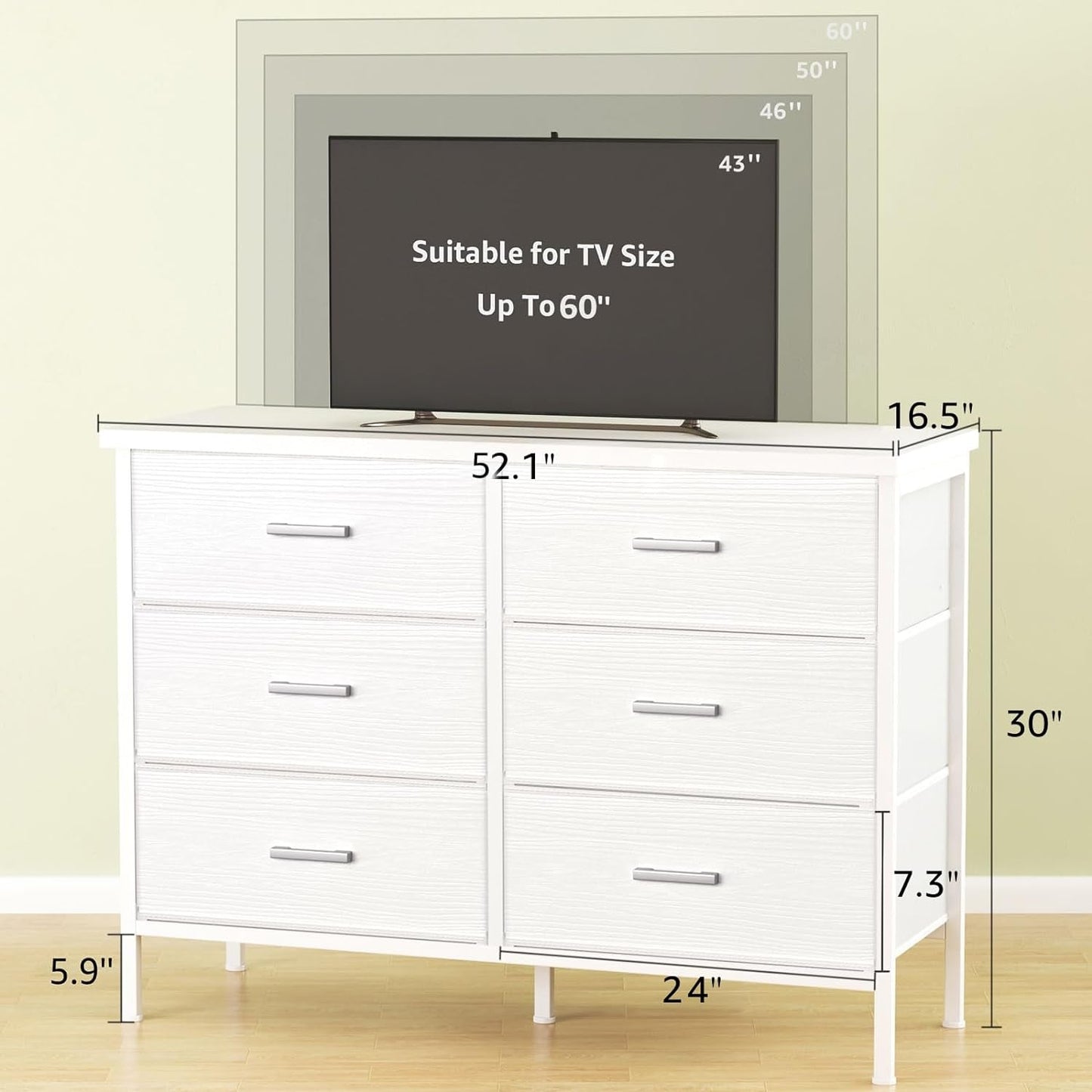 White Premium Fabric Dresser With Six Drawers And Wood Top