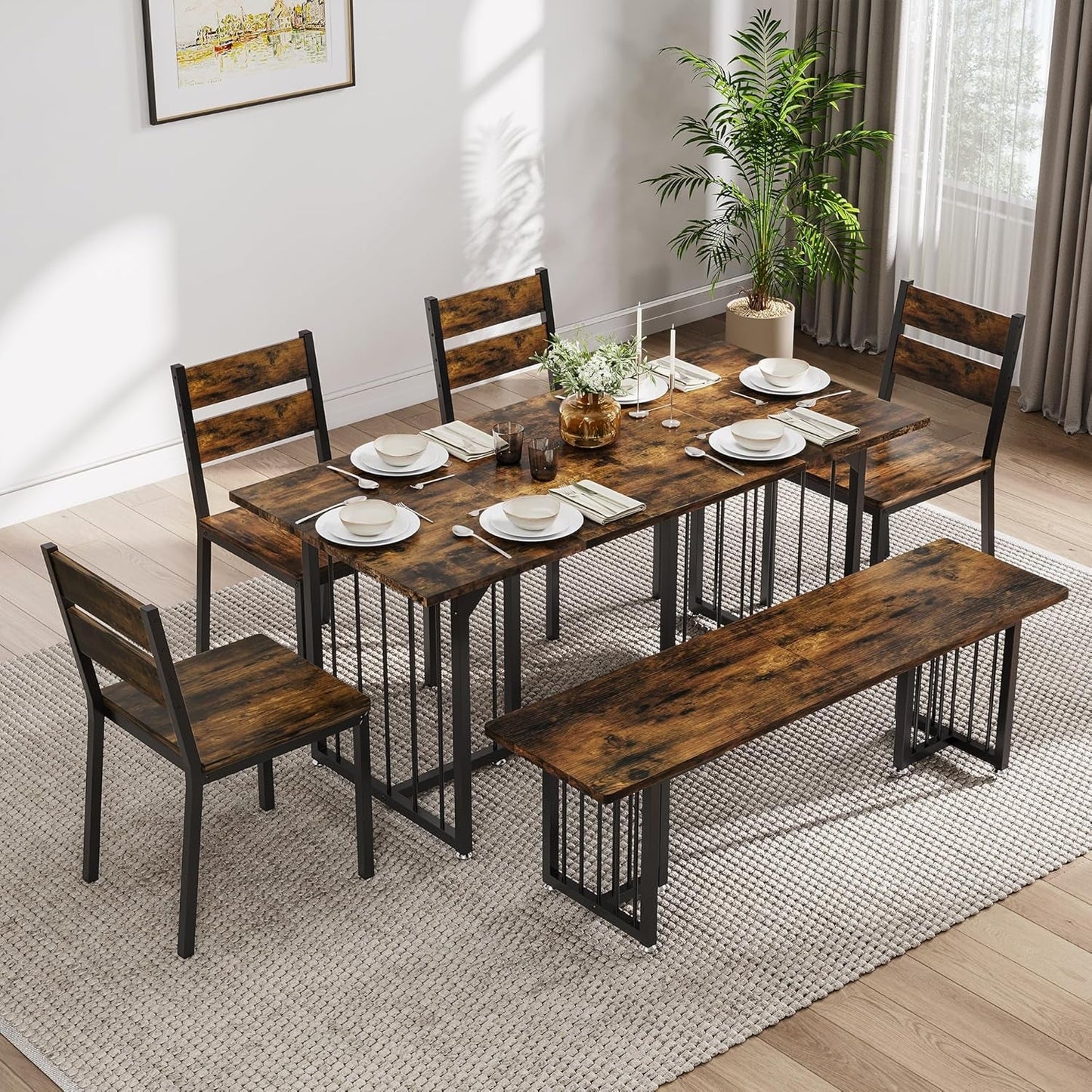 63 Inches Luxurious Farmhouse Dining Table Set Walnut