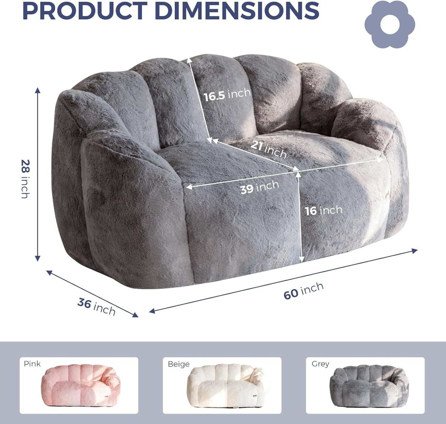 Dark Grey Floral Faux Fur Bean Bag Chair For Adults