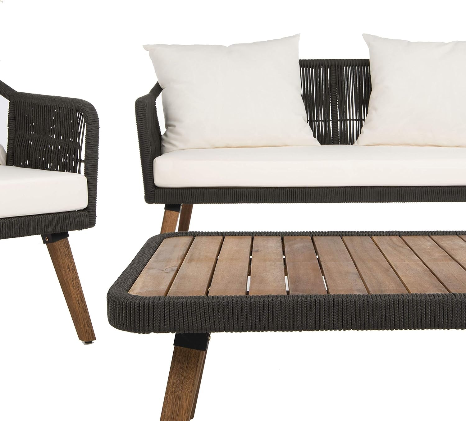 Outdoor Patio 4 Piece Eucalyptus Rope Furniture Set featuring a stylish sofa with cushions and a wooden coffee table.
