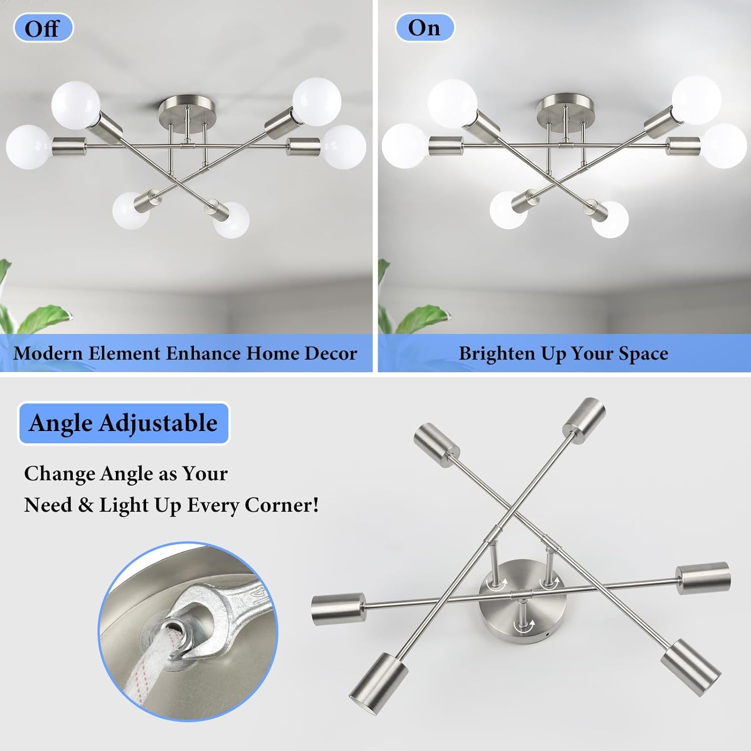 Six Light Sputnik Chandelier Brushed Nickel Fixture showcasing on/off modes and adjustable angles.