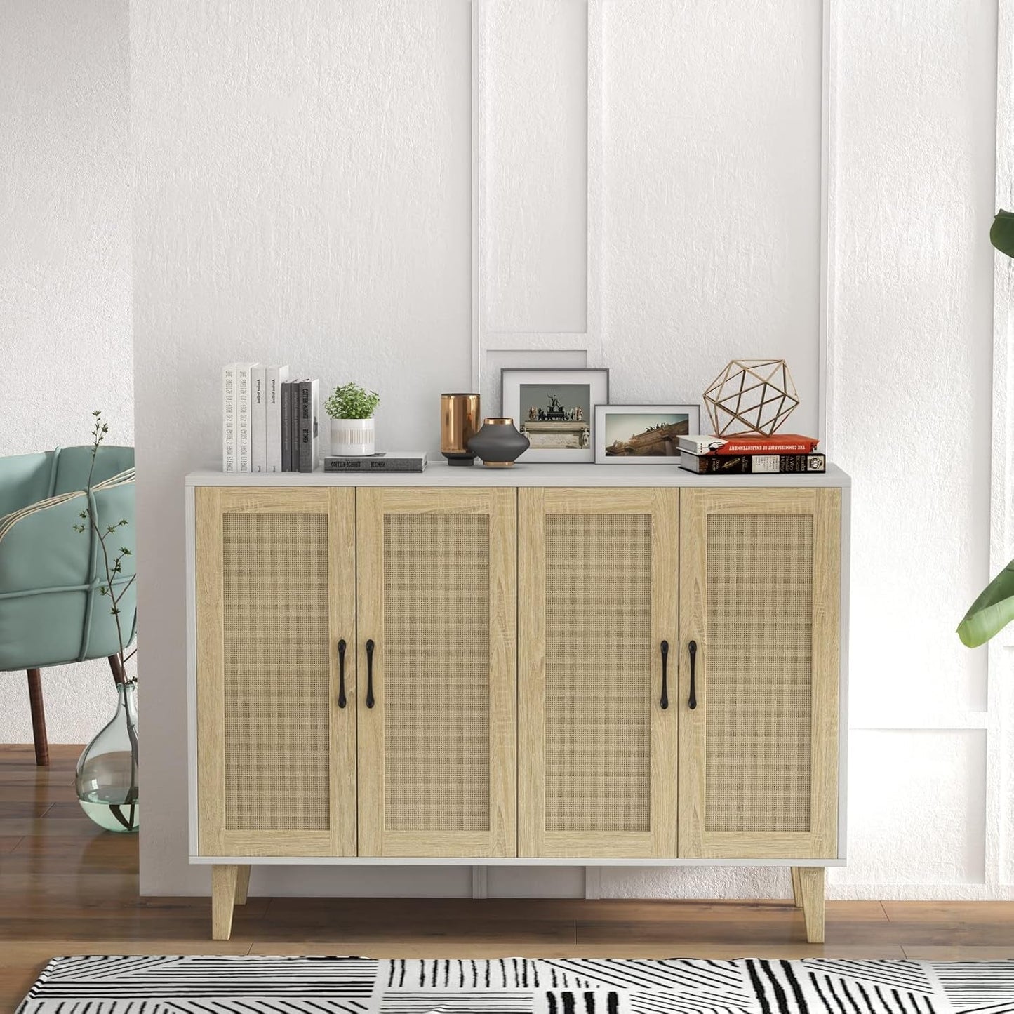 Buffet Storage Cabinet White Rattan Decor 4 Doors 48 Inch