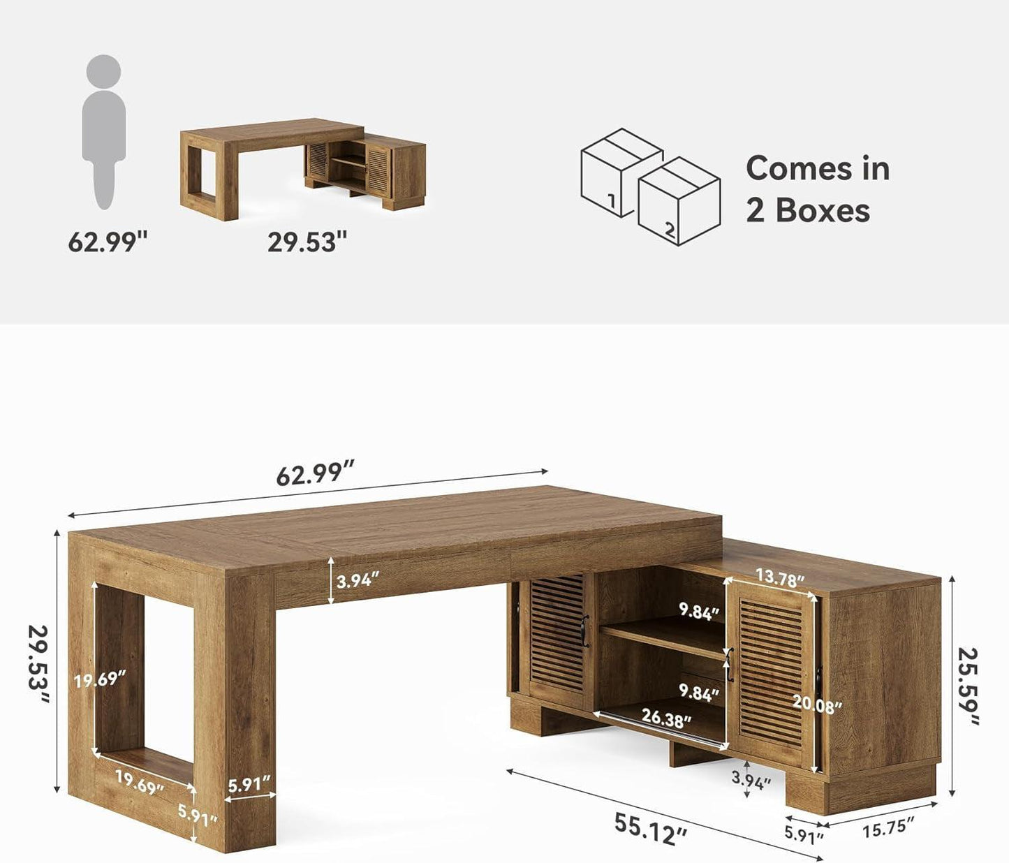 Brown 63 Inch Long L Shaped Desk With Sliding Cabinets