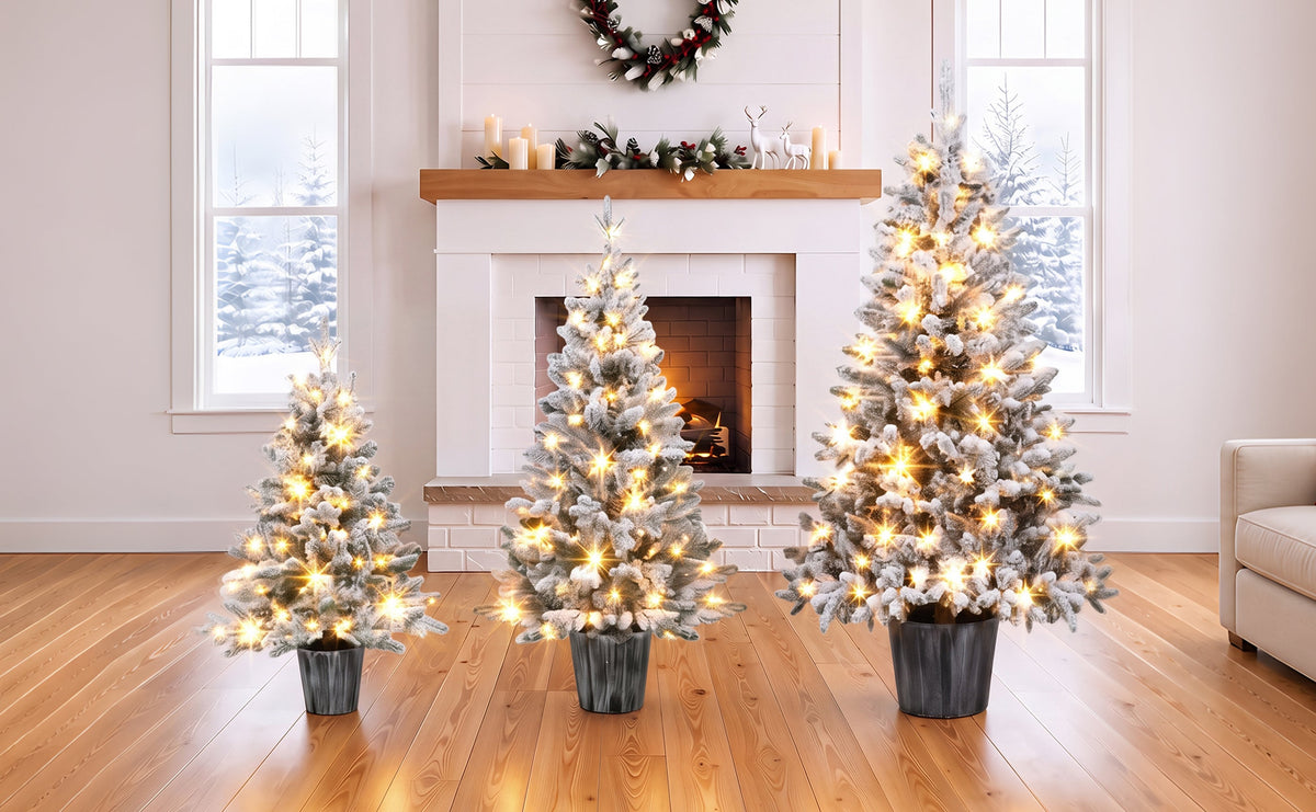 3-Piece Flocked Pre-Lit Christmas Tree Set